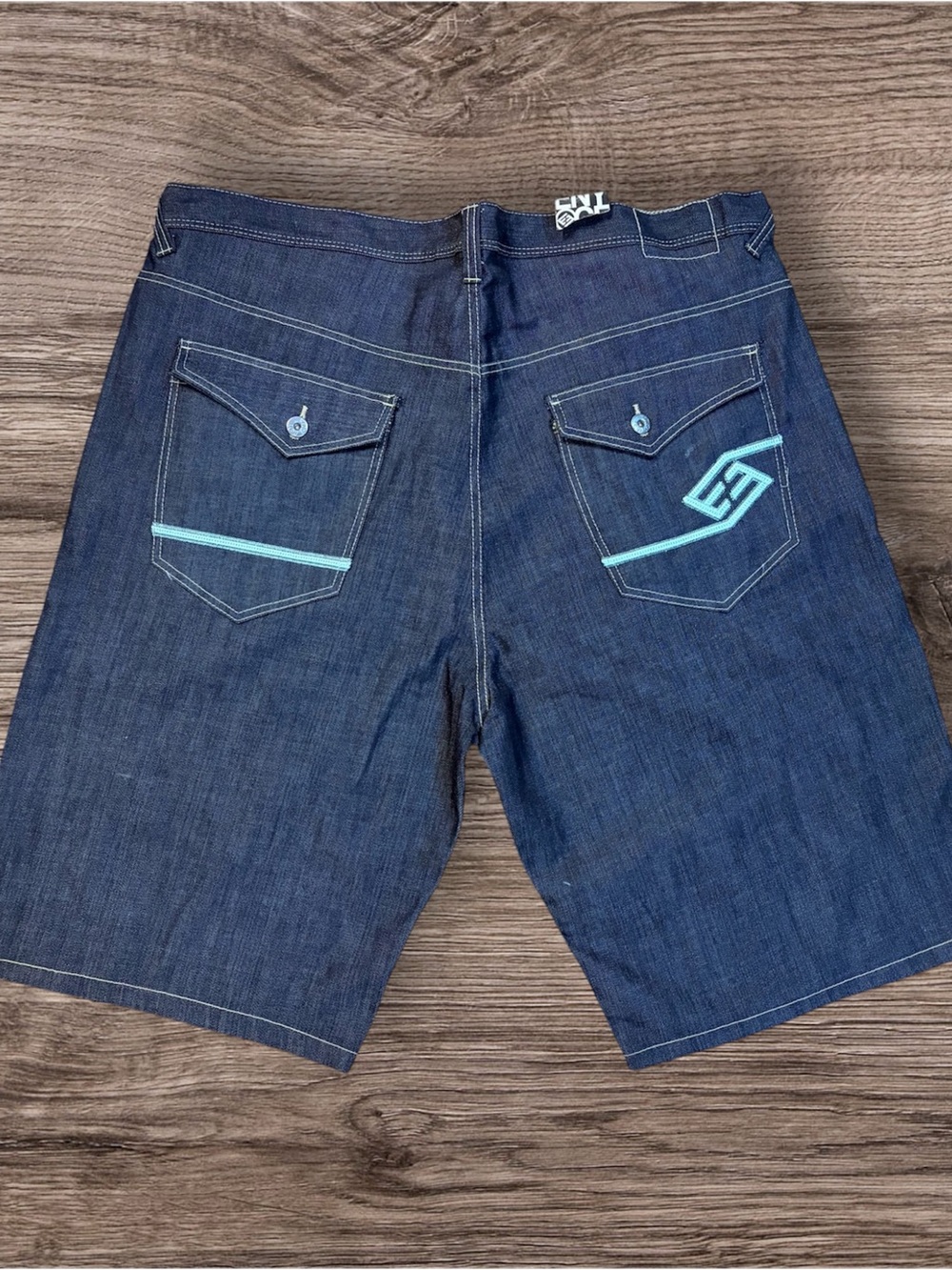 Enyce Dark Blue Denim Shorts with Teal Stitching